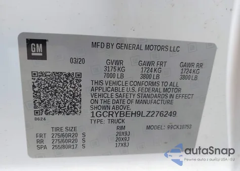 2020 Chevrolet Silverado 1500 4Wd Double Cab Standard Bed Custom z USA, uszkodzony, nr VIN 1GCRYBEH9LZ276249